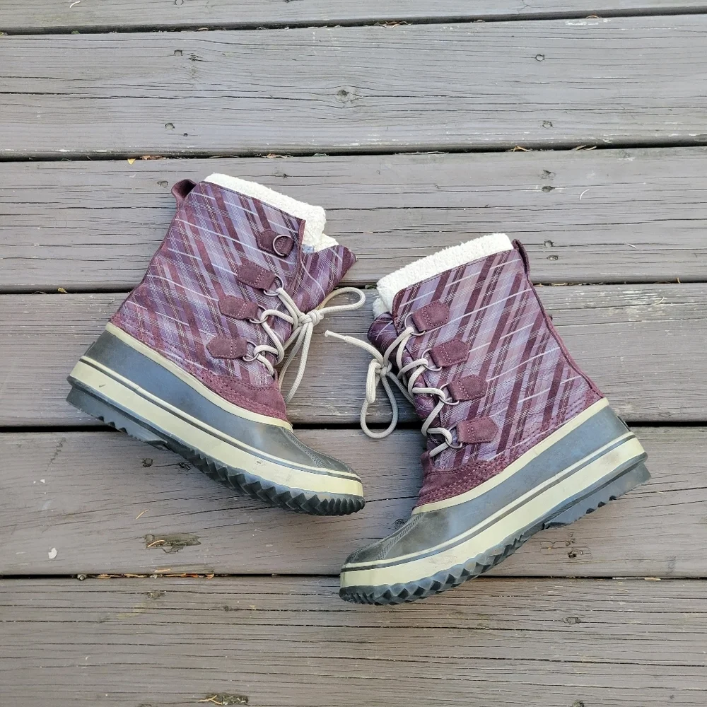 Sorel 1964 Pac Purple White Plaid Leather Sherpa Pile Winter Snow Duck Boots‎